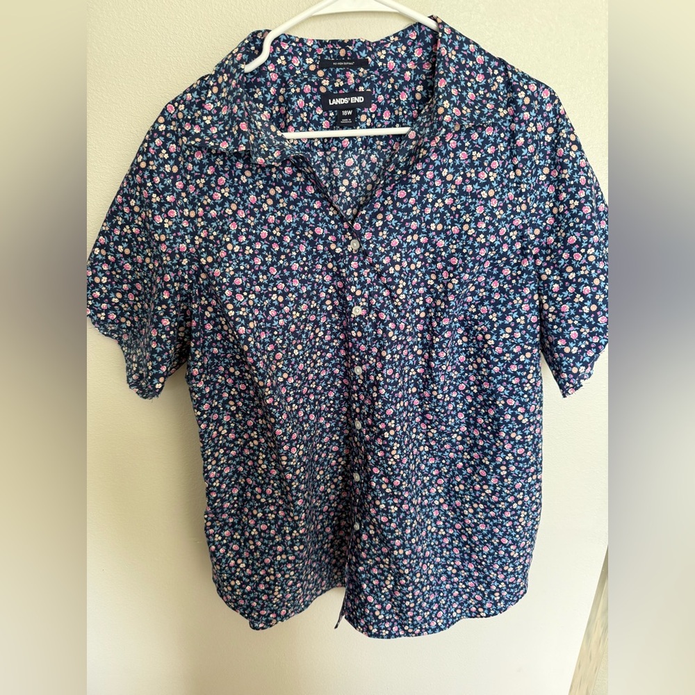 Lands' End Navy Vibrant Floral Blouse Plus Size No Iron Supima Lightweight 18W